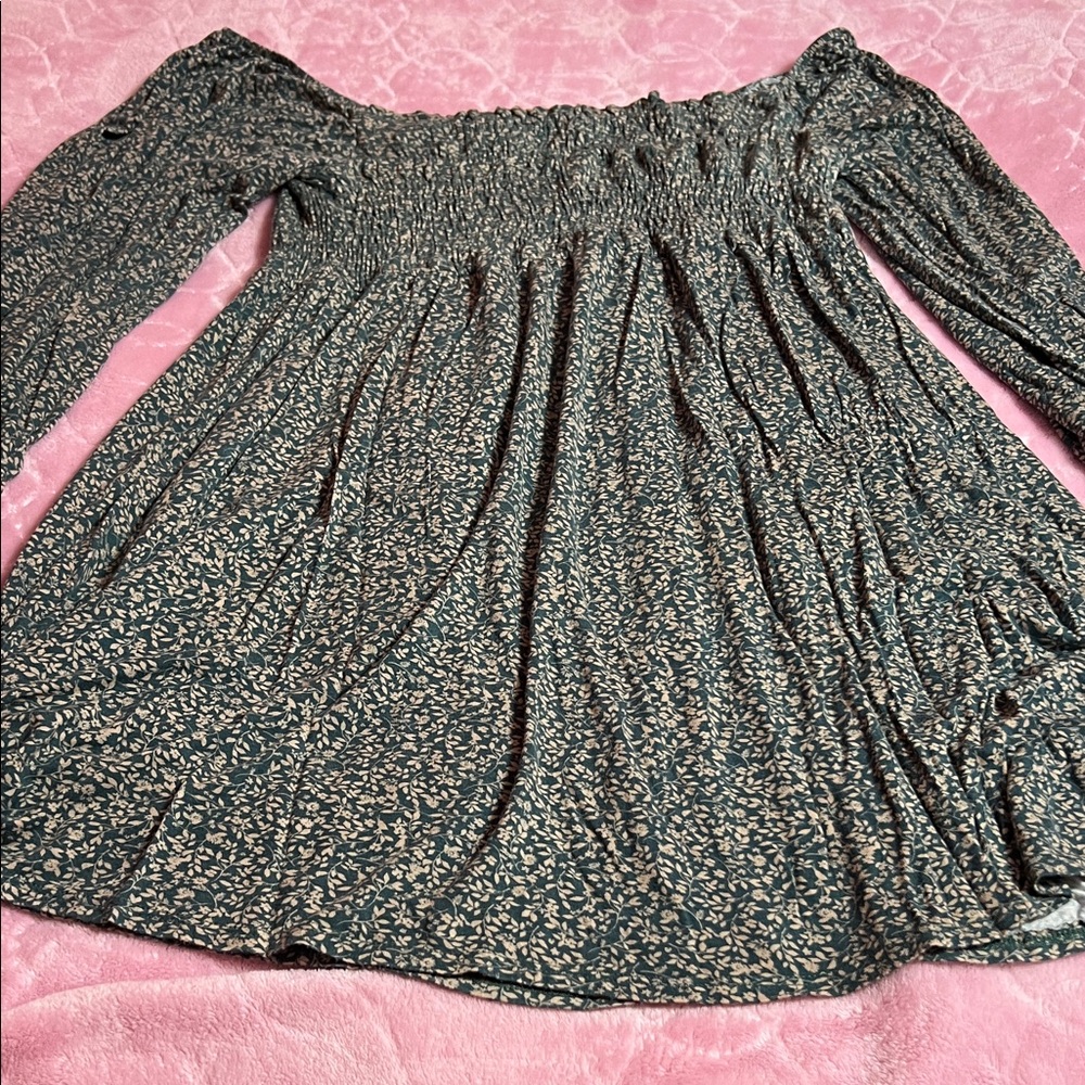 dark green long sleeve off shoulder smocked dress